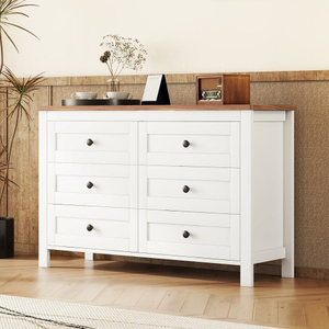 Modern Retro Farmhouse Style Wooden Dresser with <b>6</b> <b>Drawer</b>, Storage Cabinet for Bedroom Furniture in White + Brown - Product Image 1