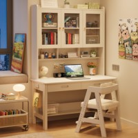 Escritorio de Oficina de Madera Maciza, Escritorio para Computadora o Escritorio de Estudio con Estantería para el Dormitorio o Apartamento