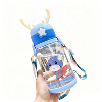 Gourde à paille pour enfants en plastique, motif dessin animé avec bois de cerf, grande capacité, pour étudiants et bébés