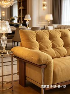Premium Mustard Yellow Tufted Fabric 3-Seater <b>Sofa</b> With Walnut & Metal Frame For Living Room - Product Image 5