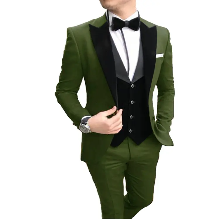 Costume vert militaire pour hommes, 3 pièces, avec gilet en velours noir, tenue de bal formelle pour mariage, nouvelle collection 2022