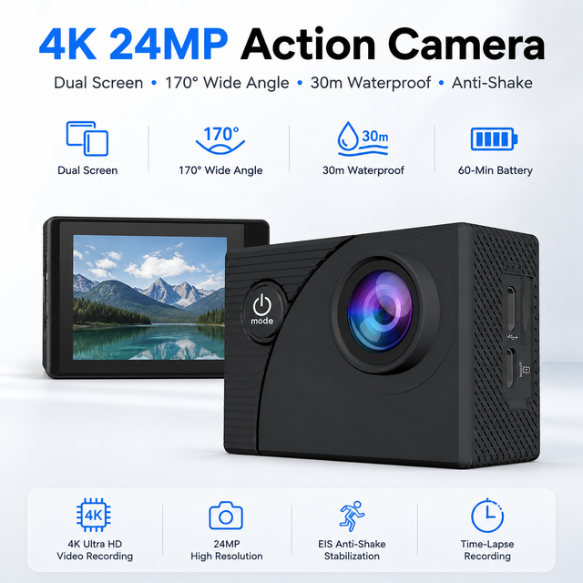4K 24MP Dual Screen 2.0 Inch Waterproof AI Smart Action Camera 30m Diving Sports Cam 170 Degree Wide Angle Anti-shake 60min