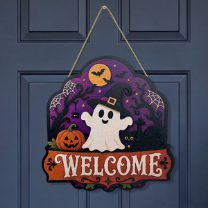 Meilleure Vente Décoration de Porte d'Accueil en Bois pour Halloween : Fantôme avec Chapeau de <span class=keywords><strong>Sorcière</strong></span>, Citrouille et Chat Noir – Panneau Suspendu pour la Maison - Product Image 3