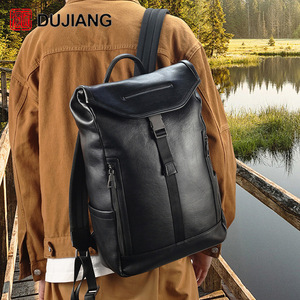 Dujiang Genuine Leather <b>Backpack</b> 15.6 Inch Unisex Large Capacity Business Commuting Laptop Bag Solid Color <b>Black</b> - Product Image 2