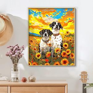 Kit <span class=keywords><strong>de</strong></span> <span class=keywords><strong>Pintura</strong></span> por Números para Adultos, Diseño Floral <span class=keywords><strong>de</strong></span> Cachorros, <span class=keywords><strong>Campo</strong></span> <span class=keywords><strong>de</strong></span> <span class=keywords><strong>Girasoles</strong></span> al Atardecer, Dos Perros con Manchas, <span class=keywords><strong>Pintura</strong></span> al Óleo sobre Lienzo DIY <span class=keywords><strong>de</strong></span> Songwoo - Product Image 3