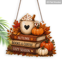 Thème d'automne, livres et café, citrouilles, symboles de feuilles d'érable, panneaux décoratifs en bois, saison chaleureuse, décorations de porche