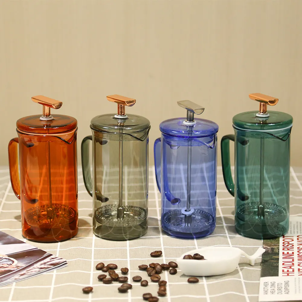 Menjual Kaca Borosilikat Berwarna French Press Coffee Maker Tea Borosilikat Press Pot Glass Coffee Mug Plunger Cafetiere