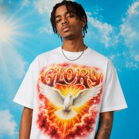 T-shirt en jersey blanc à motif graphique 100% coton, imprimé Glory, ailes de colombe aérographe, rayons jaunes orange, rouge feu, streetwear Metour