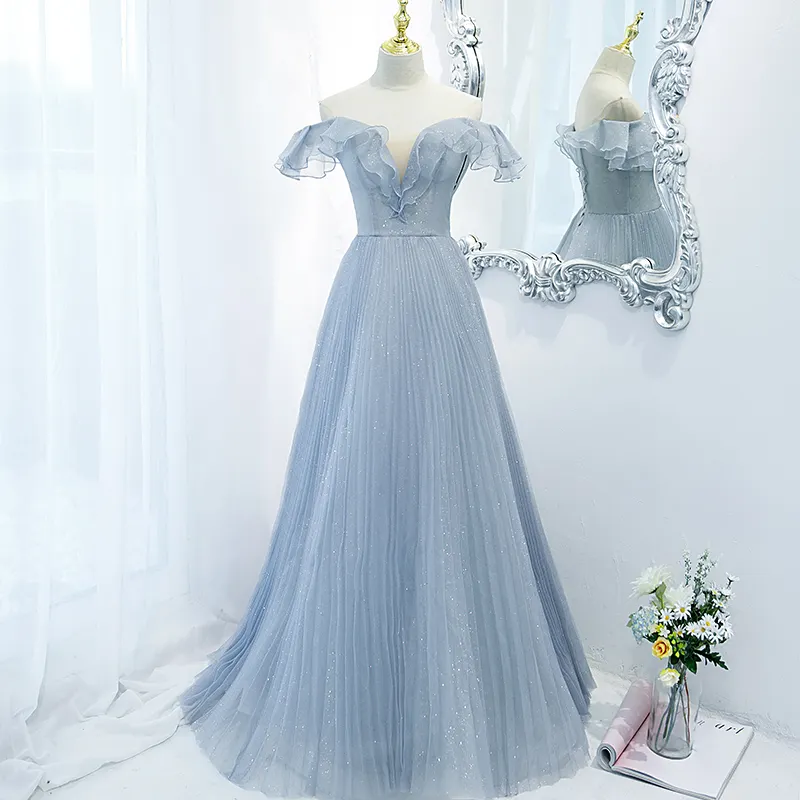 Gaun Ratu Permen Ilusi Biru Antik Terbungkus Cahaya Lembut Tulle Ruched Ruffles Kerah Deep-V Glitter Payet Gaun Prom Putri