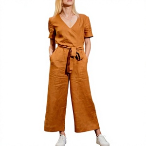 Mono de verano casual de una pieza para mujer con cuello en V, manga corta, color liso y cintura alta - Product Image 4