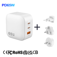 Adaptateur de voyage pliable rapide pour téléphone portable et ordinateur portable (prise AU/UK/US) avec 2 ports USB Type-C QC3.0 PD 30W/45W/65W SCP OTP Chargeur mural GaN