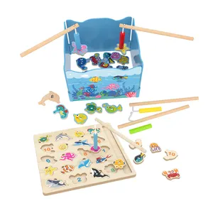 Customized Creative Construction Children Educational Baby MDF Game Toys Wooden Magnetic Fishing with Rod Game Set for kids
