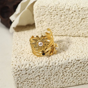 Non Tarnish Gold Plated Cuff Finger <b>Rings</b> Women Shell Pearl Charm Sunflower <b>Ring</b> - Product Image 2