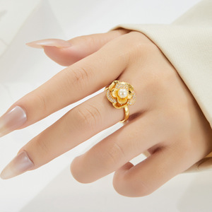 Flower Open <b>Ring</b> Gold Plated Pearl Zircon Micro Set Index <b>Finger</b> Party Jewelry - Product Image 2