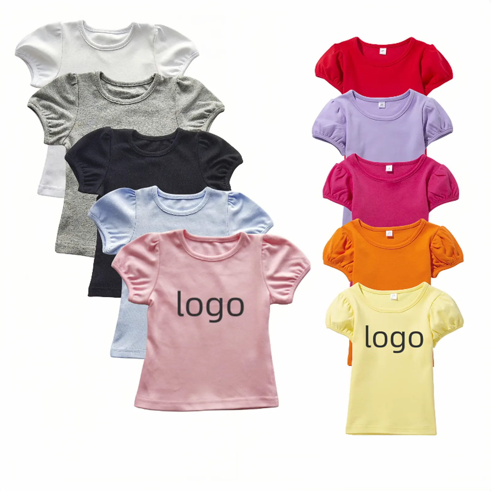 Aangepaste 190G 240G Gekamd Katoenen Kids Blanks T-Shirts 100% Katoenen Effen Kinder Meisje Kleding Poff Mouw Custom T-Shirt