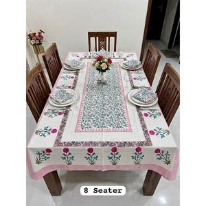 Hand Block Printed 100% Cotton Modern Floral Dining <b>Table</b> <b>Cover</b> with Napkins for 8 Seater - Product Image 1