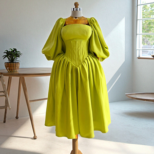 Fresh Square Neck Waist <b>Tie</b> Lantern Sleeve A-line Women's Dresses Fashion - Product Image 2