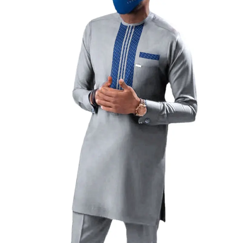 2-teiliges Set Langärmelige Bluse mittlerer Osten lässiges grau schlank Fit Shirtanzug Herren afrikanische Kleidung traditionelle 2024 Outfits