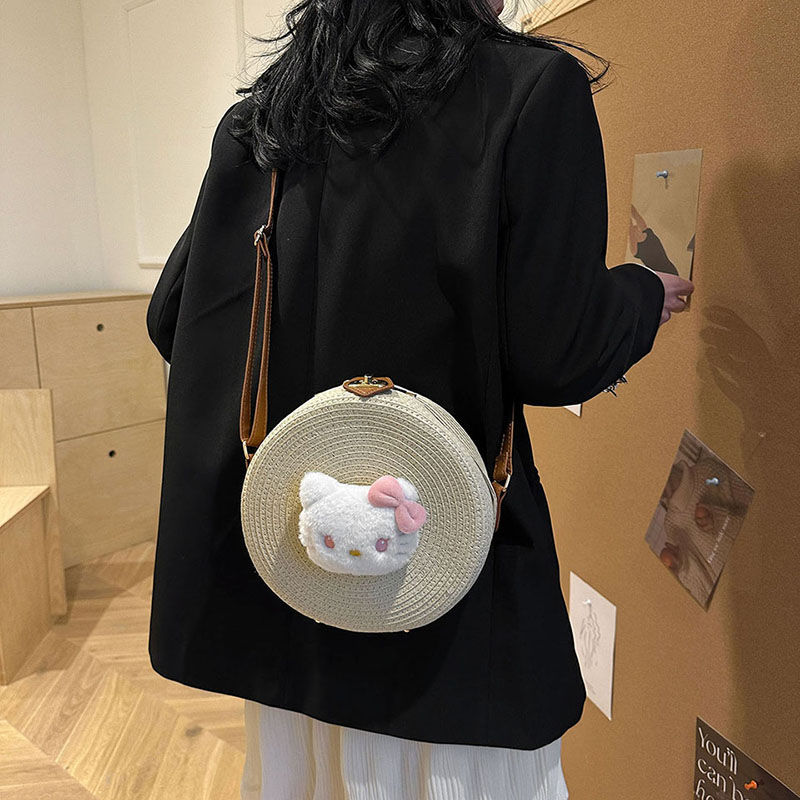 Tas rotan bulat untuk wanita tas anyaman anyaman anyaman tas pantai jerami  buatan tangan tas musim panas Boho selempang 2024