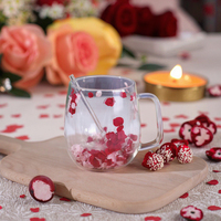 Tasse à fleurs en verre borosilicate à double paroi, style classique, 250/350 ml, design fleurs séchées, avec poignée, réutilisable, passe au lave-vaisselle