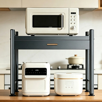 Support de four à micro-ondes en aluminium noir à 2 niveaux, étagère d'angle pour four à micro-ondes avec tiroir