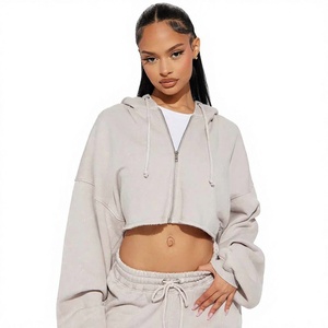 Women's Gray Hooded Crop Sweatshirt Full Sleeve Oversized 100% Cotton <b>Fleece</b> <b>Zipper</b> Front Autumn Wear - Product Image 1