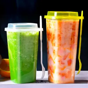 Square Custom Logo Plastic PP Bubble Tea Cup Disposable Cups With Lid And Fork