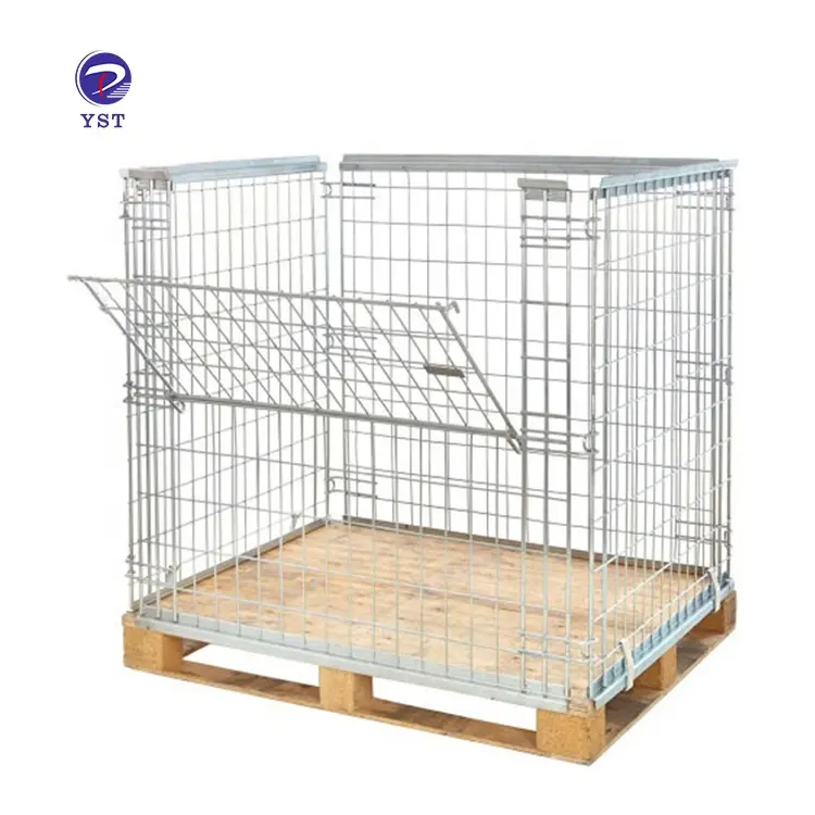 YST collapsible warehouse storage stacking foldable wire mesh steel metal cage pallet