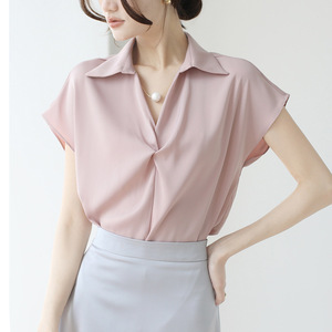 2025 camicetta in raso a maniche corte da donna in stile francese con bottone Casual <span class=keywords><strong>abbigliamento</strong></span> professionale da <span class=keywords><strong>ufficio</strong></span> estivo - Product Image 4