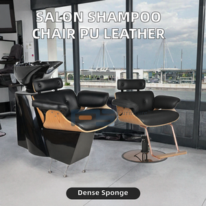 Unité de lavage de cheveux pour salon de beauté en cuir PU avec cadre en bois - Siège réglable, éponge haute densité, lavabo en céramique inclinable - Product Image 2