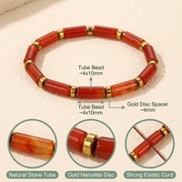 Bracelet extensible en perles tubulaires de pierres précieuses naturelles, avec disque d'hématite dorée, cornaline rouge, œil de tigre, jaspe dalmatien et obsidienne