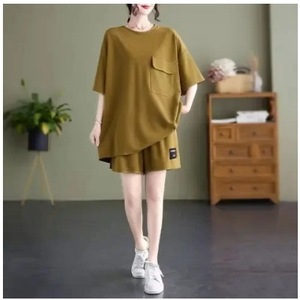 Women's Casual Two Piece Set Short Sleeve Pocket Design Loose Fit Ginger Yellow Plus Size Summer Outfit Knitted Polyester - Product Image 4
