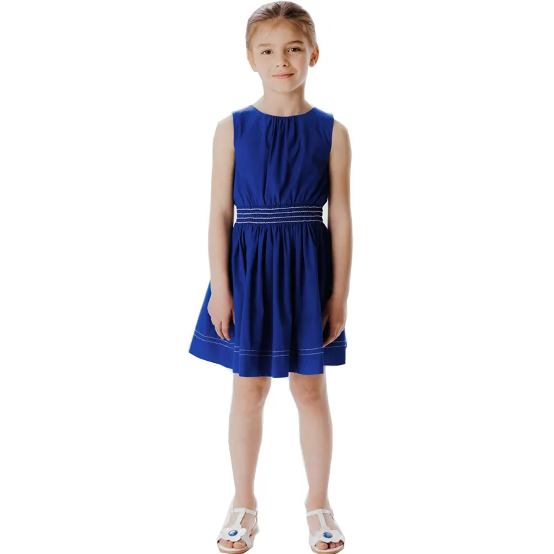 OEM Children clothing Smocked Design Waistband Kids Sleeveless Blue summer dresses for girls