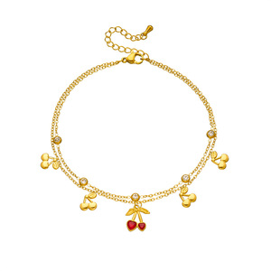 Linda tobillera de doble cadena con colgante de cereza, chapada en oro, de acero inoxidable, con dije de corazón esmaltado, cereza y cristal redondo, tobilleras delicadas - Product Image 6