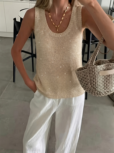 Débardeur en maille scintillante pour femme, été 2026, sans manches, à sequins, col rond, couleur or champagne, haut tricoté élégant pour le quotidien - Product Image 5