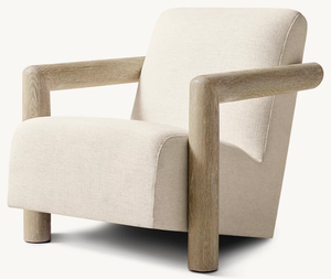Poltrona Minimalista con Braccioli in Quercia Sbiancata Spessa e Cilindrica, Rivestimento in Lino Bianco e Schienale Inclinato - Product Image 1