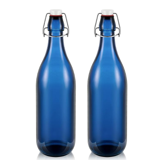 1 L / 33. 75 oz Decorative BLUE Glass Flip Top Water Bottles with Airtight Lid for Homemade Wine
