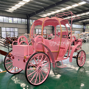 Electric <b>Pink</b> Pumpkin Carriage With Gold Trim And Canopy For Outdoor Wedding Transportation - Product Image 6