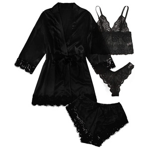 Nouvel ensemble de pyjama 4 pièces pour femmes de style européen et américain, ensemble de pyjama en satin avec dentelle, comprenant une robe, une lingerie et - Product Image 3