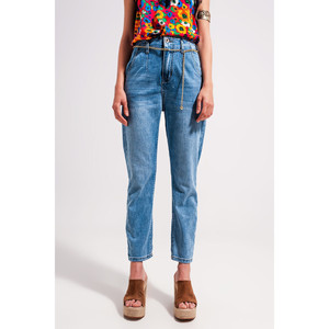 กางเกงยีนส์ทรงตรงเอวสูงแต่งเข็มขัด สีไลท์วอช - Product Image 6