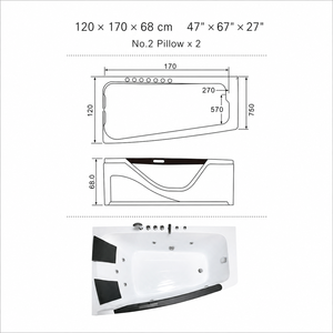 Bañera de Hidromasaje Acrílica OEM de 1200x1700mm <span class=keywords><strong>para</strong></span> <span class=keywords><strong>Parejas</strong></span> con Panel Frontal de Vidrio Azul y Respaldo Gris - Product Image 3