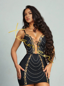 MF ชุดเดรสผ้าซาตินแต่งระบายทรง V ชุดเดรสแขนกุดสำหรับงานปาร์ตี้ตอนเย็นมีพู่ห้อยเซ็กซี่มีหาง - Product Image 3