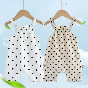 2024夏季婴儿夏季薄吊带连身衣婴儿棉印花圆点连身裤 + 帽子