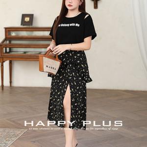 Vestido acampanado Runqi de talla grande para mujer, estampado floral negro, efecto dos piezas, cuello redondo, detalle de abertura, cintura natural - Product Image 3