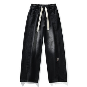 Wholesale OEM Custom Men's Straight Leg Denim <strong>Jeans</strong> <strong>Elastic</strong> Waist Drawstring Washed Blue Casual Streetwear Pants - Product Image 3