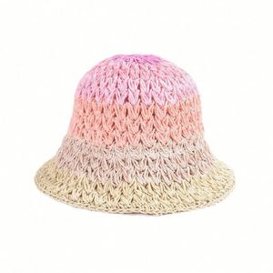 Nouveau Chapeau Bob en Paille Crocheté à la Main pour Femme, Couleurs Dégradées Arc-en-ciel, Collection Été 2025 - Product Image 5