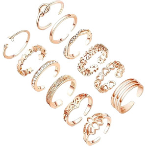 Vintage Adjustable copper plated hollow gold silver plated multi style hollow <b>cz</b> open adjustable toe <b>ring</b> set - Product Image 2