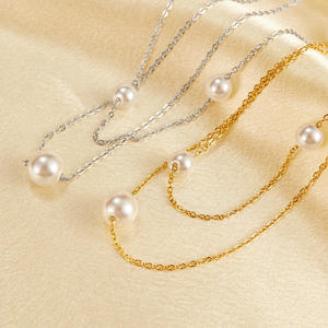 Collier tendance et élégant en acier inoxydable plaqué or 18K 14K double couche avec perles collées, fabrication américaine - Product Image 1