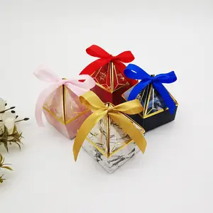 Pagoda kotak hadiah berbentuk berlian pesta kesukaan ulang tahun pernikahan kertas manis kotak permen marmer dengan pita mutiara