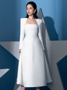 Vestidos Midi Blancos <span class=keywords><strong>Vintage</strong></span> para Mujer, Elegantes Vestidos de Fiesta de Manga Larga con Corte en A - Product Image 3